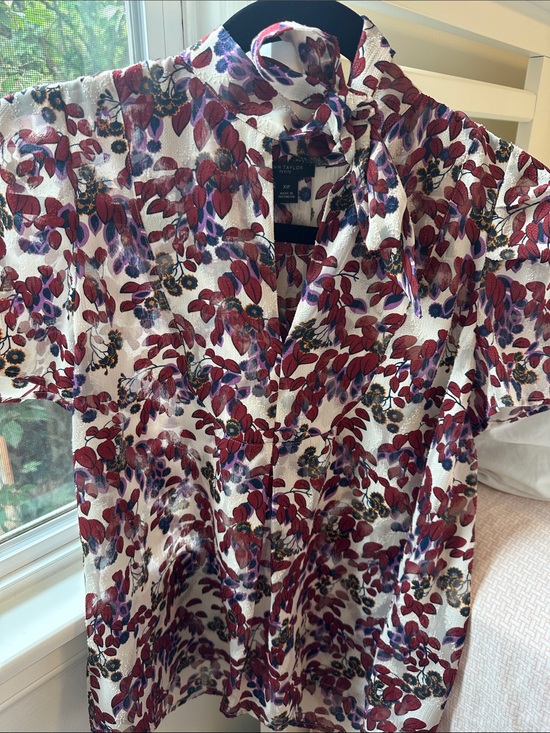 Ann Taylor Tops - Ann Taylor Cream Blouse with Maroon and Purple Leaf Print and Neck Tie